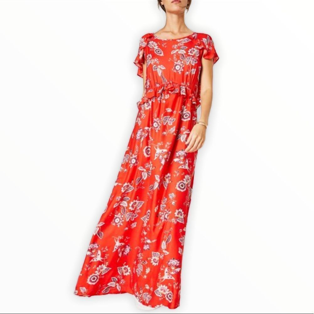Promod Red Floral Ruffle Button Back Maxi Dress